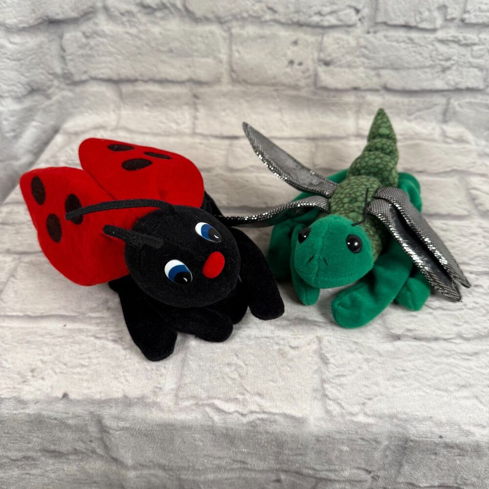 Lot of 2 Vtg 1993 Plush Creations Insect Hand Puppets Dragonfly Lady Bug Kid's